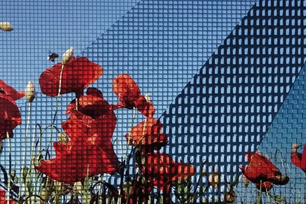 Insektenschutzgitter vor einer Blumenwiese hält Insekten draußen