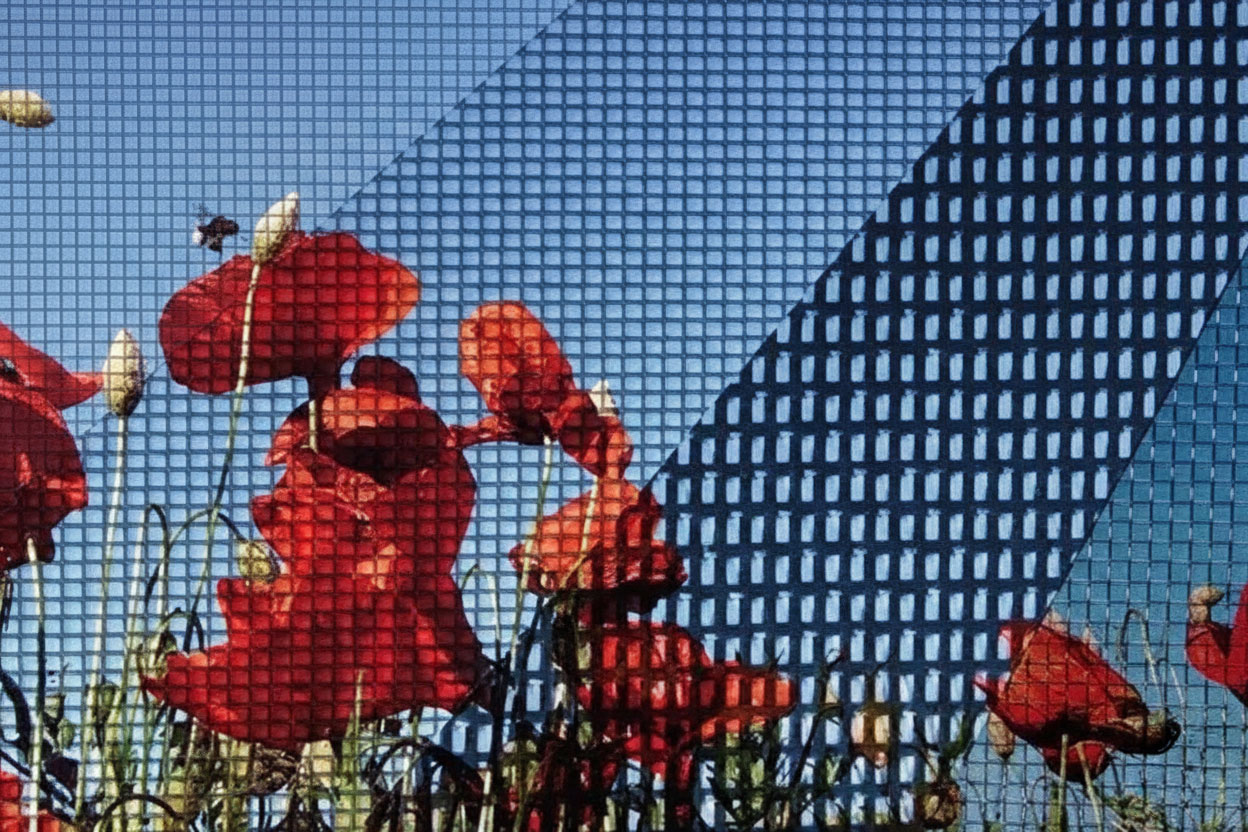 Insektenschutzgitter vor einer Blumenwiese hält Insekten draußen