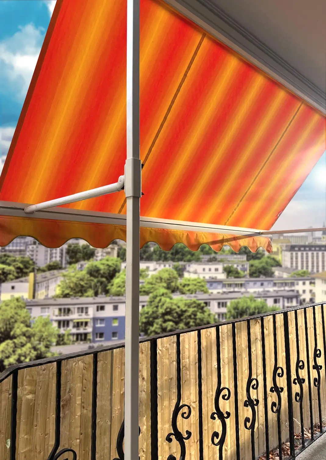 Balkonmarkise in Gelb und Orange gestreift mit Klemmfunktion
